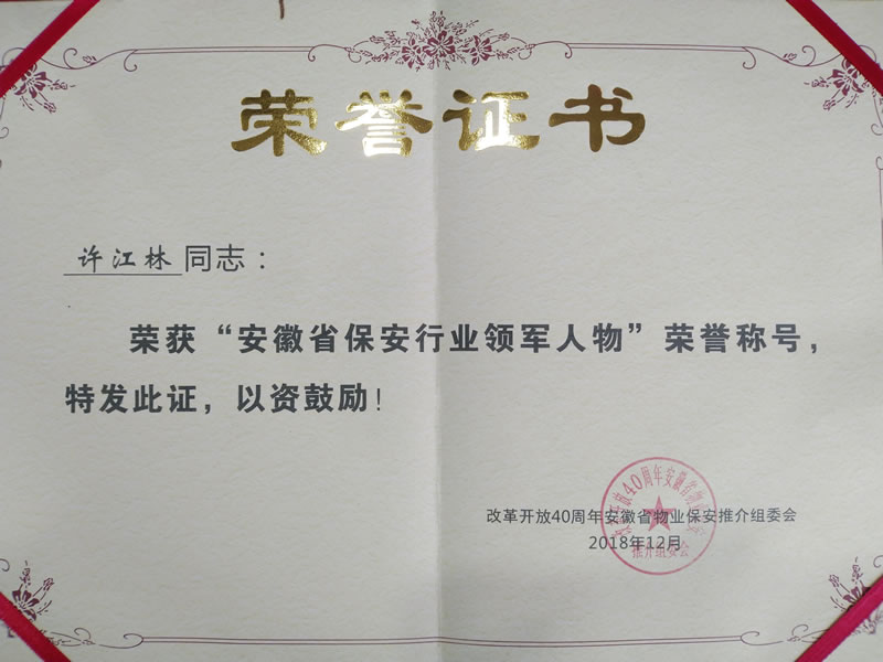 圣烽集团董事长许江林同志荣获“安徽省保安行业领军人物”荣誉称号